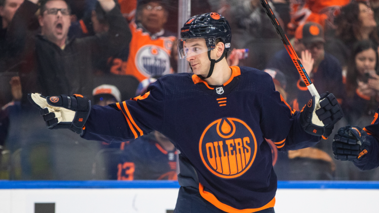 Edmonton Oilers' Zach Hyman  celebrates a goal against the Arizona Coyotes during second period NHL action in Edmonton on Monday, March 28, 2022. (CP)