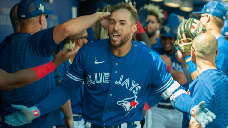 Toronto Blue Jays centre fielder George Springer celebrates a homerun against the New York Yankees during a Spring training game at TD Ballpark on Sunday, April 3, 2022, in Dunedin, Fla. (CP)