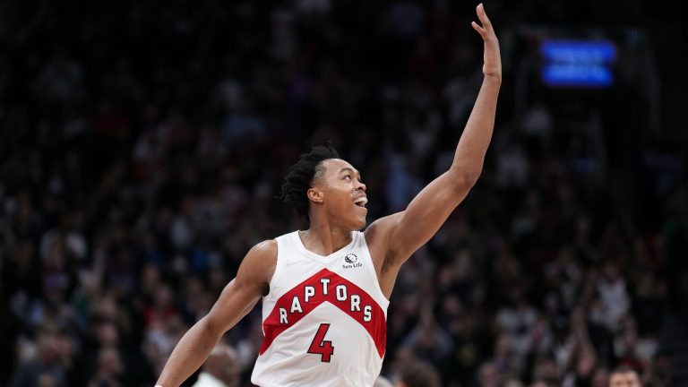 Toronto Raptors forward Scottie Barnes (4) reacts after he scores a basket in the last minute of the game as the Raptors defeated the Atlanta Hawks 118 to 108 during second half NBA basketball action in Toronto on Tuesday, April 5, 2022. THE CANADIAN PRESS/Nathan Denette