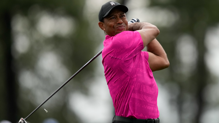 Tiger Woods watches his tee shot on the first hole during the first round at the Masters golf tournament on Thursday, April 7, 2022, in Augusta, Ga. (AP)