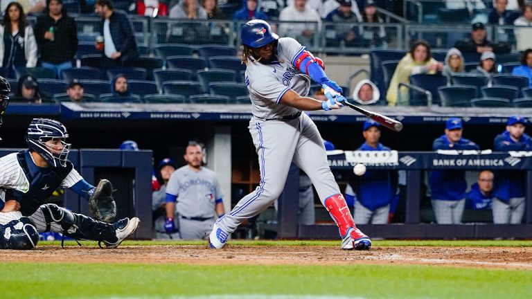 Toronto Blue Jays' Vladimir Guerrero Jr. strikes out during the eighth inning of the team's baseball game against the New York Yankees on Thursday, April 14, 2022, in New York. (Frank Franklin II/AP)