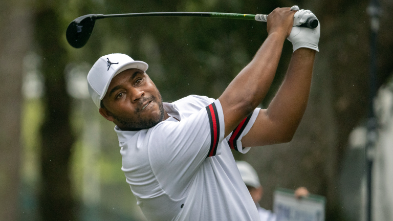 Harold Varner III watches his drive down the 16th fairway during the third round of the RBC Heritage golf tournament, Saturday, April 16, 2022, in Hilton Head Island, S.C. (AP)