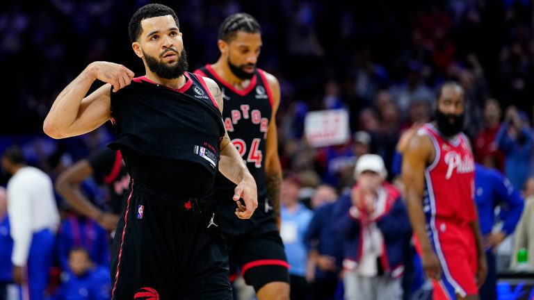 Toronto Raptors' Fred VanVleet, left, walks off the court after Game 2 of an NBA basketball first-round playoff series against the Philadelphia 76ers, Monday, April 18, 2022. (Matt Slocum/AP)