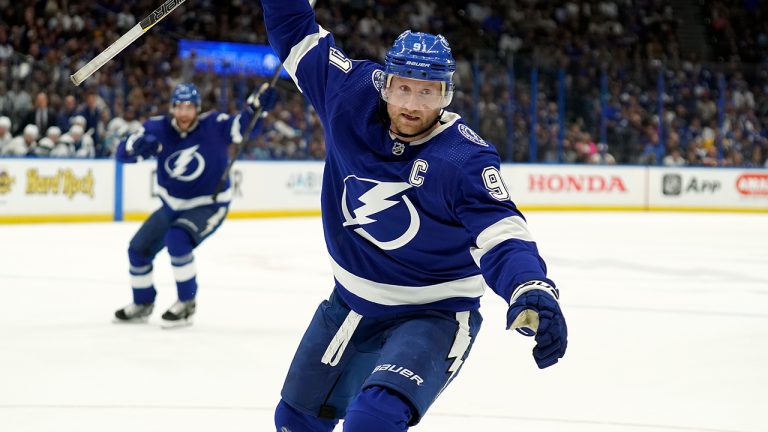 Tampa Bay Lightning center Steven Stamkos (91) celebrates his goal against the Toronto Maple Leafs during the second period of an NHL hockey game Thursday, April 21, 2022, in Tampa, Fla. (Chris O'Meara/AP)