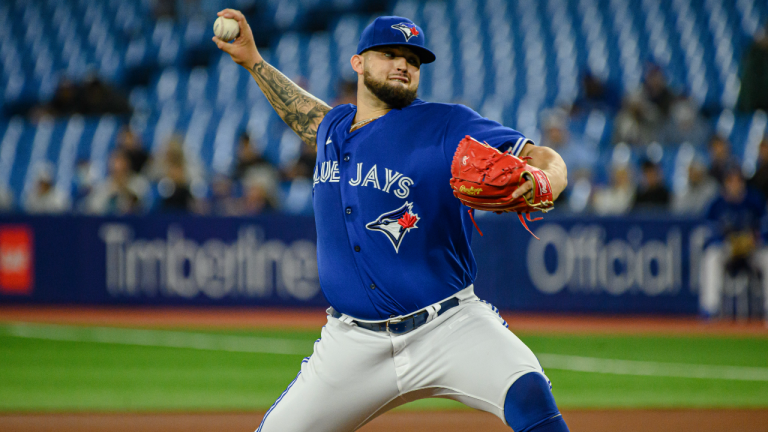 Toronto Blue Jays starting pitcher Alek Manoah throws the ball during first inning MLB baseball action against the Boston Red Sox in Toronto on Thursday April 28, 2022. (CP)