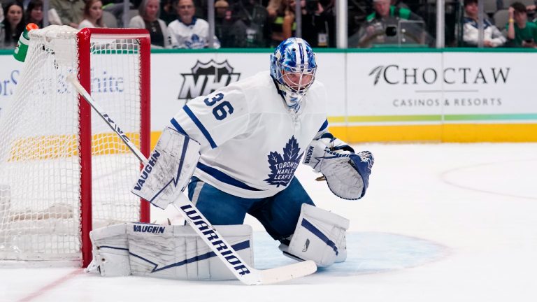 Toronto Maple Leafs goaltender Jack Campbell watches a shot go wide of the net during the first period of the team's NHL hockey game against the Dallas Stars, Thursday, April 7, 2022, in Dallas. (Tony Gutierrez/AP)