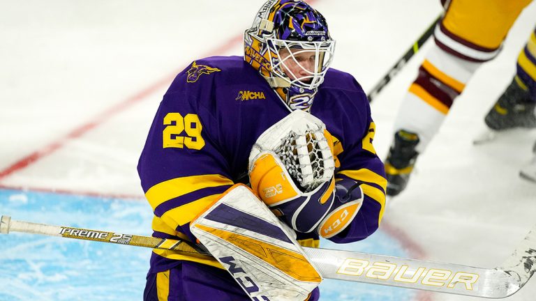 Minnesota State goaltender Dryden McKay makes a save. (David Zalubowski/AP)