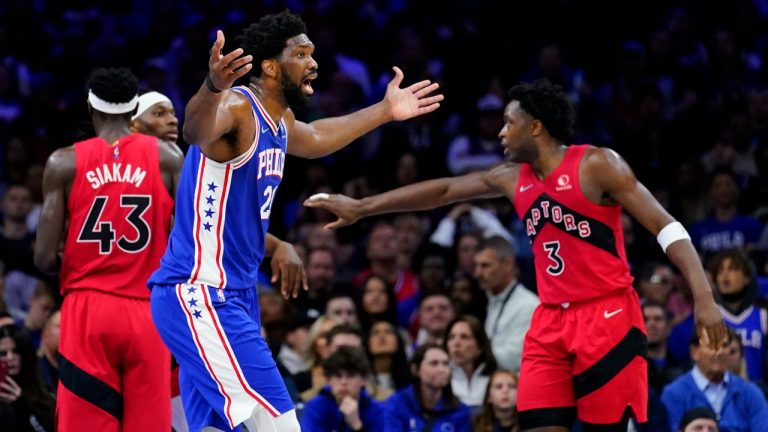 Philadelphia 76ers' Joel Embiid reacts during the first half of Game 5 in an NBA basketball first-round playoff series against the Toronto Raptors, Monday, April 25, 2022, in Philadelphia. (Matt Slocum/AP Photo)