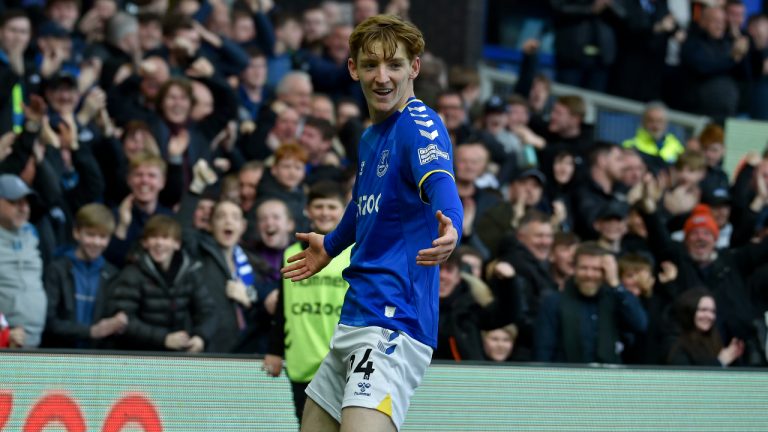 Everton's Anthony Gordon celebrates after scoring the opening goal during the Premier League soccer match between Everton and Manchester United at Goodison Park, in Liverpool, England, Saturday, April 9, 2022. (Rui Vieira/AP)