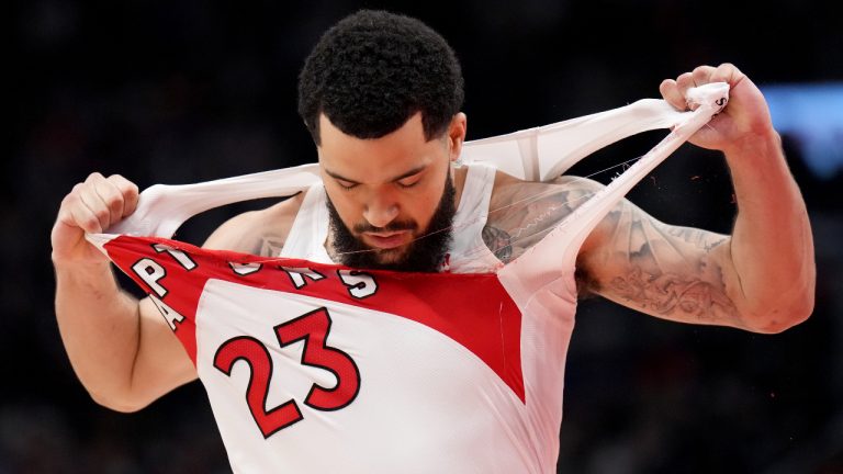 Toronto Raptors guard Fred VanVleet (23) rips of his jersey as he walks off the floor during first half NBA first round playoff action against the Philadelphia 76ers in Toronto, Saturday, April 23, 2022. (Nathan Denette/CP)