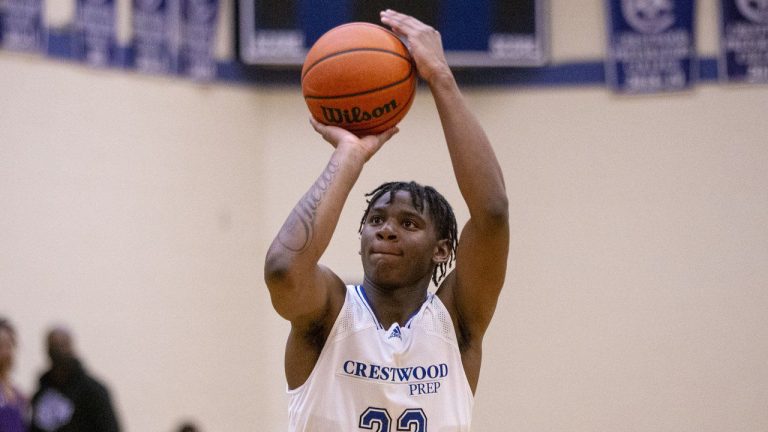 Elijah Fisher takes a free throw during a game at Crestwood Prep School, in Toronto, on Thursday, February 24, 2022. (Chris Young/CP)