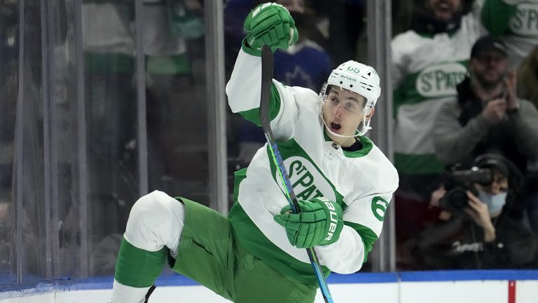 Toronto Maple Leafs right wing Ilya Mikheyev (65) celebrates his goal during first period NHL hockey action against the Carolina Hurricanes. (Frank Gunn/CP)