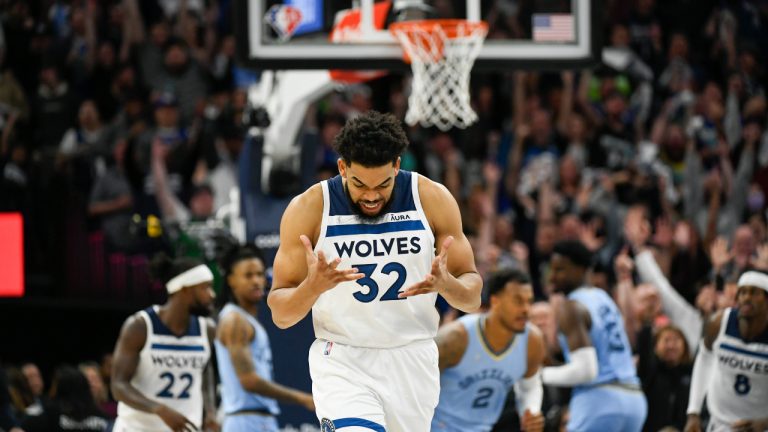 Minnesota Timberwolves centre Karl-Anthony Towns reacts after scoring against the Memphis Grizzlies early in the first half in Game 4 of an NBA basketball first-round playoff series Saturday, April 23, 2022, in Minneapolis. (Craig Lassig/AP)