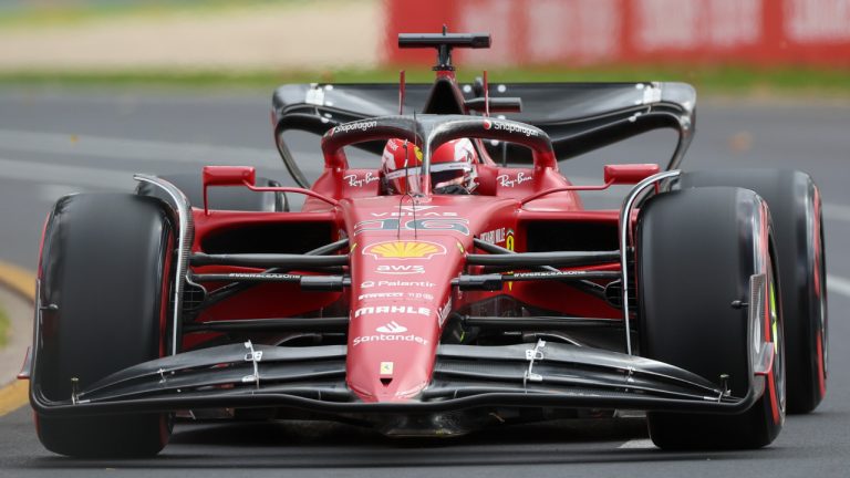 Ferrari driver Charles Leclerc of Monaco steers his car during the final practice session for the Australian Formula One Grand Prix in Melbourne, Australia, Saturday, April 9, 2022. (Asanka Brendon Ratnayake/AP)