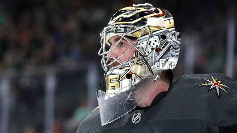 Vegas Golden Knights goaltender Logan Thompson is playing for Canada at the World Hockey Championship. (Steve Marcus/AP)