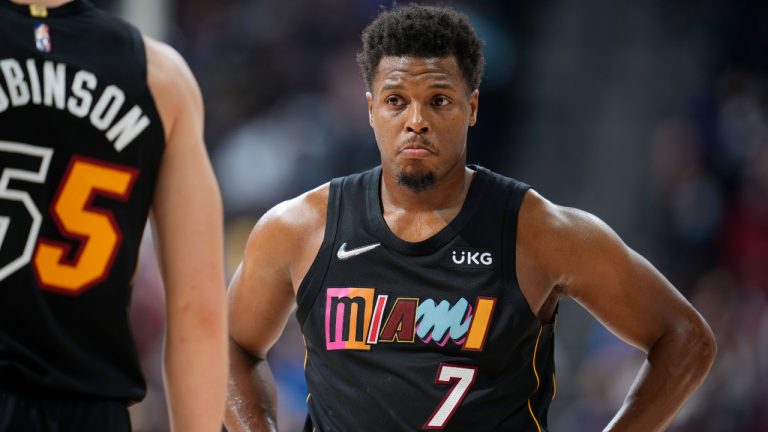 Miami Heat guard Kyle Lowry reacts after a turnover against the Denver Nuggets in the second half of an NBA basketball game Monday, Nov. 8, 2021, in Denver. The Nuggets won 113-96. (David Zalubowski/AP)