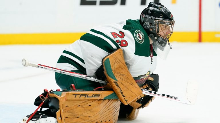 Minnesota Wild goaltender Marc-Andre Fleury plays against the Nashville Predators in the second period of an NHL hockey game Tuesday, April 5, 2022, in Nashville, Tenn. (Mark Humphrey/AP)