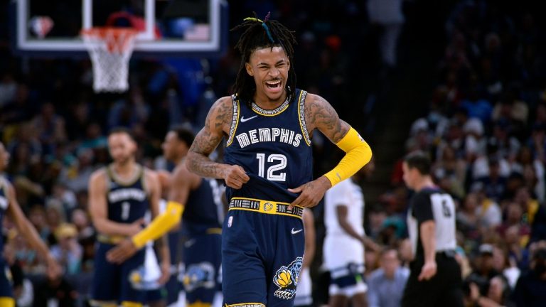 Memphis Grizzlies guard Ja Morant (12) reacts during the second half of Game 2 of a first-round NBA basketball playoff series against the Minnesota Timberwolves on Tuesday, April 19, 2022, in Memphis, Tenn. (Brandon Dill/AP)