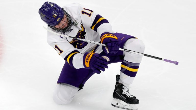 Minnesota State's Benton Maass celebrates after scoring during the second period of the team's NCAA men's Frozen Four hockey semifinal against Minnesota, Thursday, April 7, 2022, in Boston. (Michael Dwyer/AP)