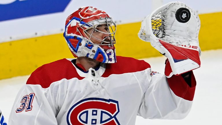 Montreal Canadiens goaltender Carey Price (31) makes a save against the Toronto Maple Leafs during third period NHL Stanley Cup playoff action in Toronto on Thursday, May 20, 2021. (Frank Gunn/CP)