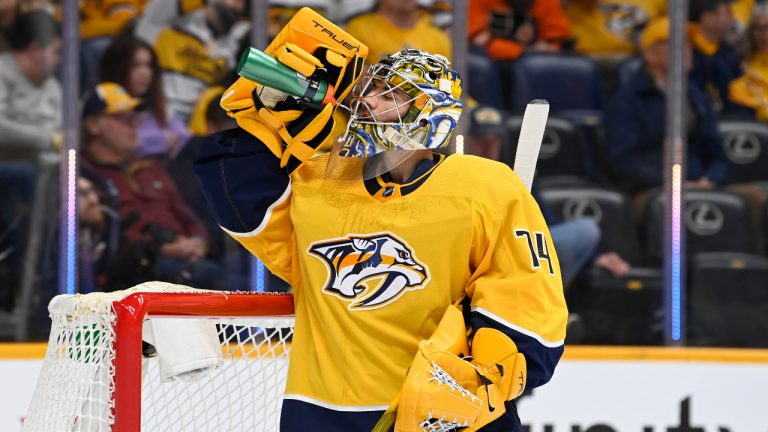 Nashville Predators goaltender Juuse Saros takes a drink in the first period of an NHL hockey game against the Philadelphia Flyers Sunday, March 27, 2022, in Nashville, Tenn. (Mark Zaleski/AP)