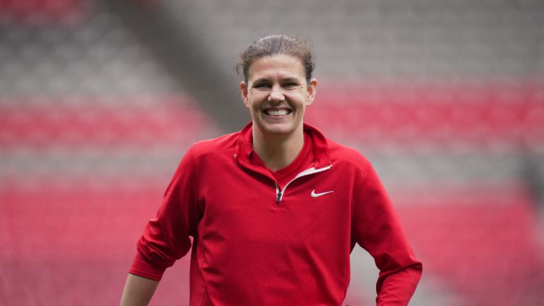 Canada's women's national soccer team captain Christine Sinclair leaves the field after team practice ahead of two friendly matches against Nigeria, in Vancouver, on Thursday, April 7, 2022. (Darryl Dyck/CP)