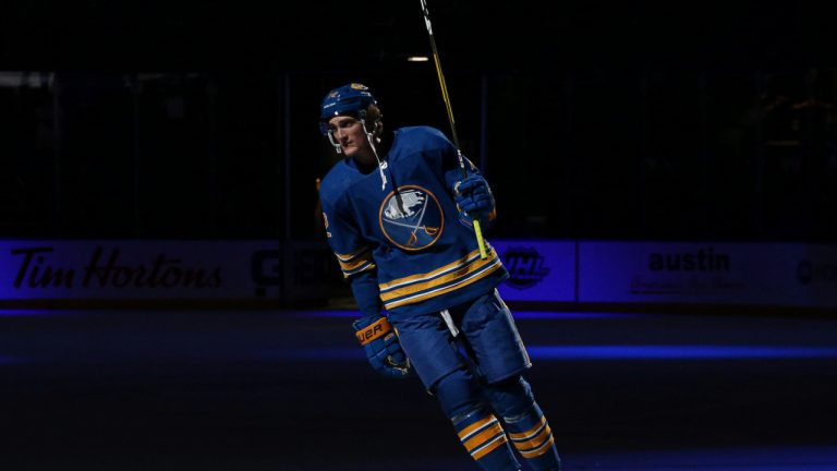 Buffalo Sabres right wing Tage Thompson (72) skates on the ice after being named one of the "stars of the game" following the Sabres' 5-3 win against the New York Islanders after an NHL hockey game Saturday, April 23, 2022, in Buffalo, N.Y. (Joshua Bessex/AP)