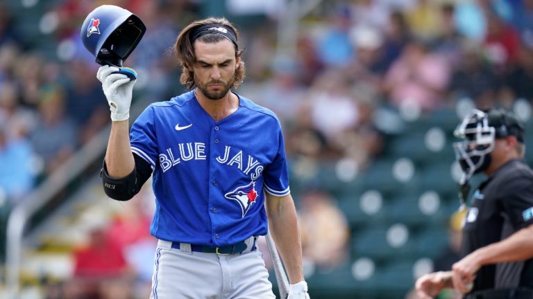 Toronto Blue Jays' Greg Bird reacts after striking out during the first inning of a spring training baseball game against the Pittsburgh Pirates, Friday, April 1, 2022, in Bradenton, Fla. (Lynne Sladky/AP)