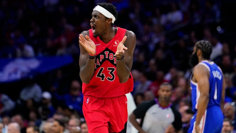 Toronto Raptors' Pascal Siakam reacts during the second half of Game 5 in an NBA basketball first-round playoff series against the Philadelphia 76ers, Monday, April 25, 2022, in Philadelphia. (Matt Slocum/AP)