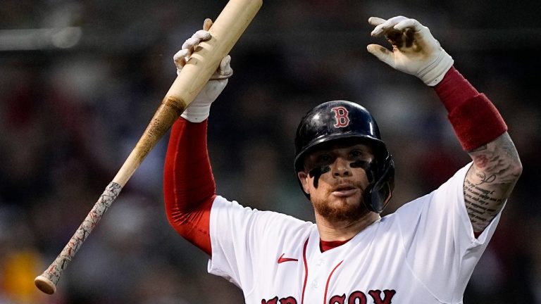 Boston Red Sox's Christian Vazquez reacts after striking out against the Houston Astros during the third inning in Game 5 of baseball's American League Championship Series Wednesday, Oct. 20, 2021, in Boston. (David J. Phillip/AP Photo)