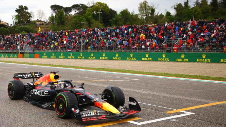 Red Bull driver Max Verstappen of the Netherlands steers his car during the Emilia Romagna Formula One Grand Prix, at the Enzo and Dino Ferrari racetrack in Imola, Italy, Sunday, April 24, 2022. (Guglielmo Mangiapane/ Pool via AP)