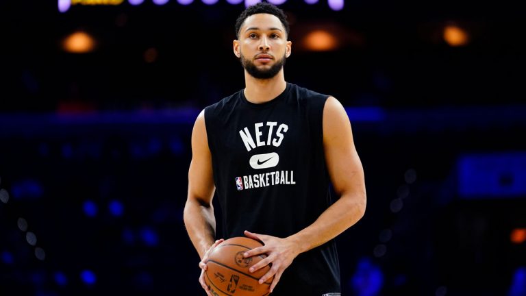 Brooklyn Nets' Ben Simmons watches practice before an NBA basketball game against the Philadelphia 76ers. (Matt Slocum/AP)