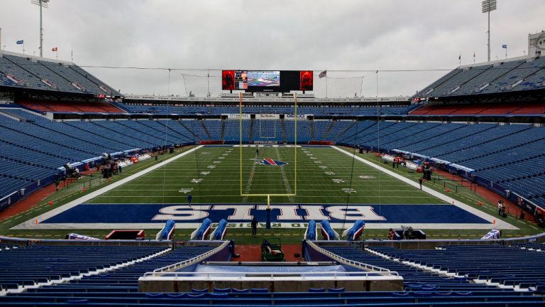 The field is prepared at Highmark Stadium before an NFL football game between the Buffalo Bills and the Carolina Panthers, Dec. 19, 2021, in Orchard Park, N.Y. (Joshua Bessex/AP)