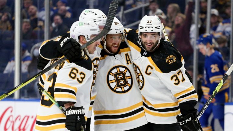 Winger Brad Marchand, defenceman Charlie McAvoy, winger David Pastrnak, and centre Patrice Bergeron will all sit out the Bruins' final game of the regular season on Friday against Toronto. (Joshua Bessex/AP)