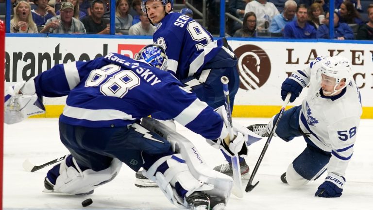 Maple Leafs winger Michael Bunting, seen here in front of Tampa  goaltender Andrei Vasilevskiy (88) during the third period of an NHL hockey game Thursday, April 21, 2022, in Tampa, Fla. (Chris O'Meara/AP)