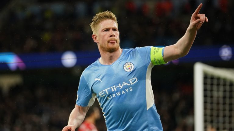 Manchester City's Kevin De Bruyne celebrates after scoring his side's opening goal during the Champions League, first leg, quarterfinal soccer match between Manchester City and Atletico Madrid at the Etihad Stadium, in Manchester, Tuesday, April 5, 2022. (Dave Thompson/AP)