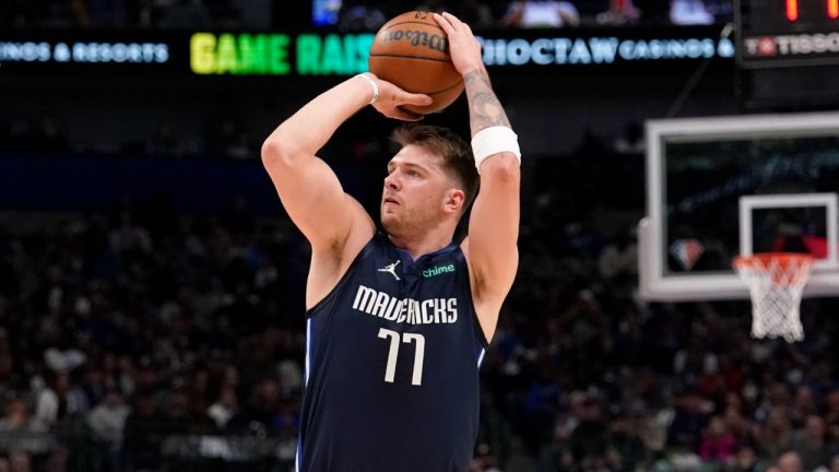 Dallas Mavericks guard Luka Doncic shoots during the first half of the team's NBA basketball game against the Portland Trail Blazers, Friday, April 8, 2022, in Dallas. (Tony Gutierrez/AP)