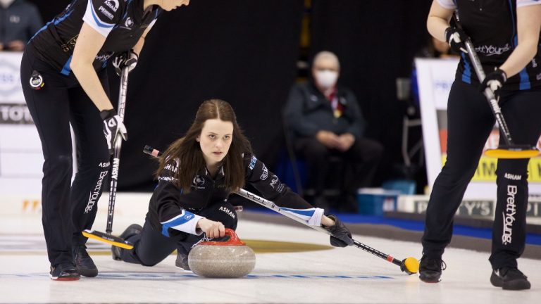 Tracy Fleury shoots a stone during the sixth draw of the Princess Auto Players' Championship on April 13, 2022, at Toronto's Mattamy Athletic Centre. (Anil Mungal)