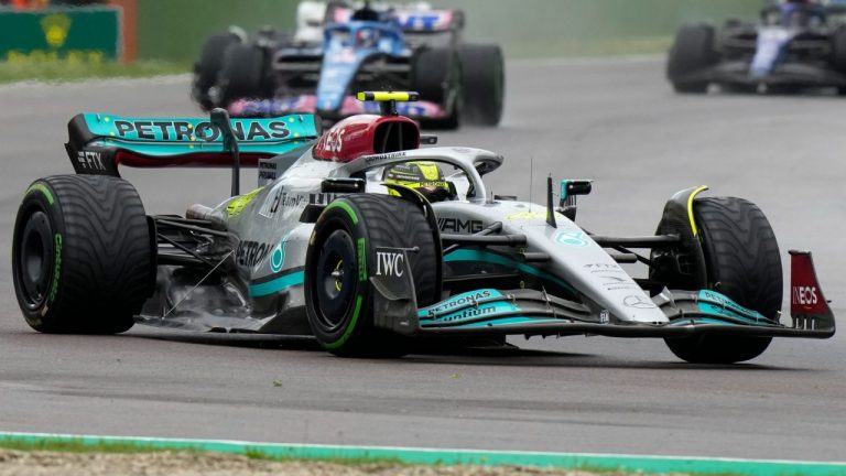 Mercedes driver Lewis Hamilton of Britain steers his car during the Emilia Romagna Formula One Grand Prix, at the Enzo and Dino Ferrari racetrack, in Imola, Italy, Sunday, April 24, 2022. (Luca Bruno/AP)