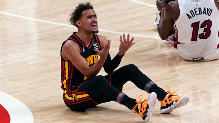 Hawks guard Trae Young was shut down by the Miami defence on Sunday in Atlanta. (John Bazemore/AP)