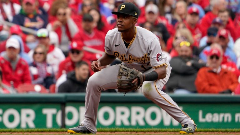 Pittsburgh Pirates third baseman Ke'Bryan Hayes takes up his position during the first inning of a baseball game against the St. Louis Cardinals Thursday, April 7, 2022, in St. Louis. (Jeff Roberson/AP)