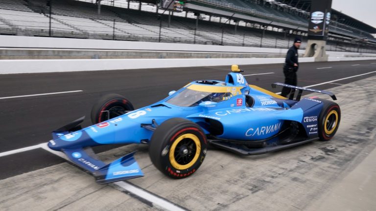 Jimmie Johnson pulls out of the pits during IndyCar auto racing testing at Indianapolis Motor Speedway, Wednesday, April 20, 2022, in Indianapolis. (Darron Cummings/AP)