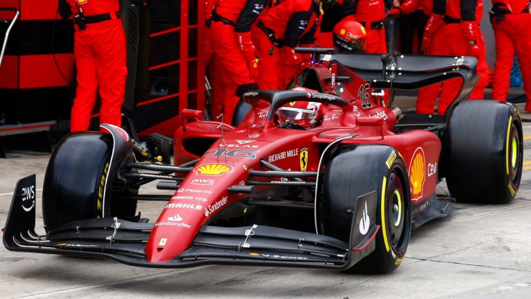 Ferrari driver Charles Leclerc of Monaco steers his car after stopping at pit during the Emilia Romagna Formula One Grand Prix, at the Enzo and Dino Ferrari racetrack in Imola, Italy, Sunday, April 24, 2022. (Guglielmo Mangiapane, Pool via AP)