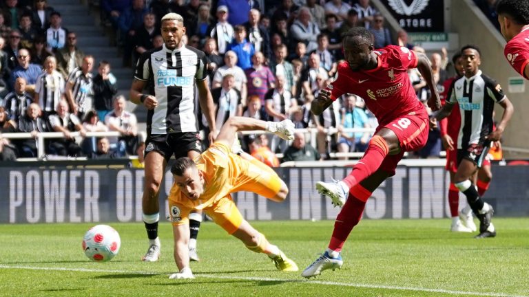 Liverpool's Naby Keita  scores the lone goal during the English Premier League soccer match between Newcastle United and Liverpool at St. James' Park stadium in Newcastle, England, 
on Saturday. (Jon Super/AP)