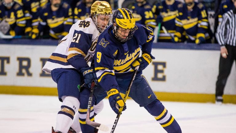 Michigan's Eric Ciccolini (9) keeps the puck away from Notre Dame's Max Ellis (21) during an NCAA college hockey game Thursday, Jan. 21, 2021, in South Bend, Ind. (Michael Caterina/South Bend Tribune via AP) 