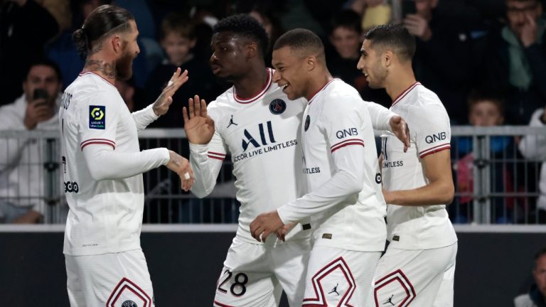 PSG's Kylian Mbappe, center right, celebrates his goal with teammates during the League One soccer match between Angers and Paris Saint Germain, at the Raymond-Kopa stadium in Angers, western France, Wednesday, April 20, 2022. (Jeremias Gonzalez/AP)