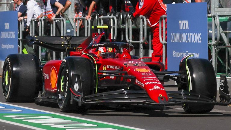 Ferrari driver Carlos Sainz of Spain steers his car down pit lane during the first practice session for the Australian Formula One Grand Prix in Melbourne, Australia, Friday, April 8, 2022. (Asanka Brendon Ratnayake/AP)