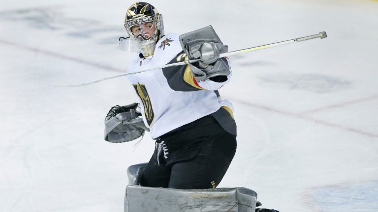 With starter Robin Lehner out for the season, the Golden Knights' playoff hopes now rest with rookie goalie Logan Thompson. (Larry MacDougal/CP)