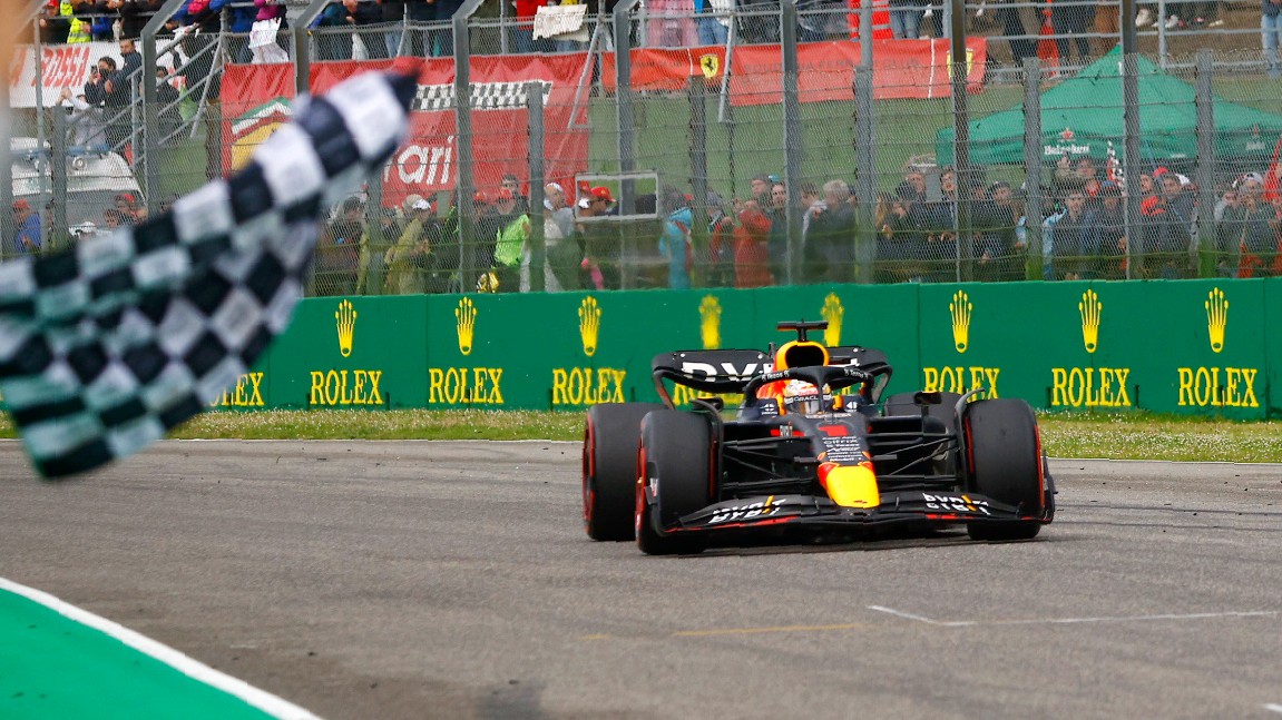 Red Bull driver Max Verstappen of the Netherlands crosses the finish line as he wins the Emilia Romagna Formula One Grand Prix, at the Enzo and Dino Ferrari racetrack in Imola, Italy, Sunday, April 24, 2022. (Guglielmo Mangiapane, Pool via AP)