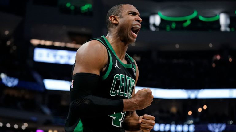 Boston Celtics' Al Horford reacts during the second half of Game 4 of an NBA basketball Eastern Conference semifinals playoff series Monday, May 9, 2022, in Milwaukee. The Celtics won 116-108 to tie the series 2-2. (Morry Gash/AP)